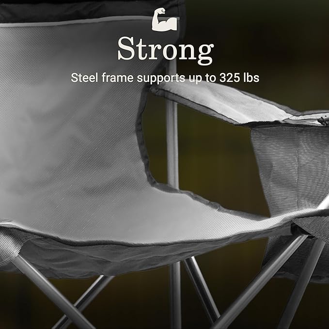 Grey Portable Camp Chair with 4-Can Arm Cooler and Carry Bag