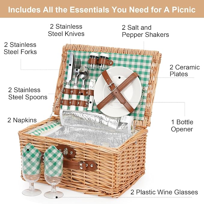 ZORMY Wicker Picnic Basket for 2 Person, Willow Hamper Basket Sets - Image 4