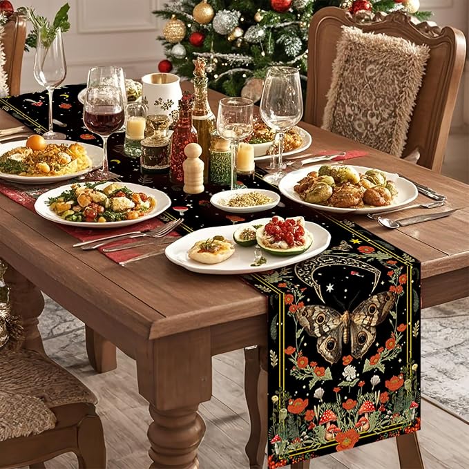 Moth Burlap Table Runner Seasonal Spring Fall Kitchen Dining Linen Table - Image 3