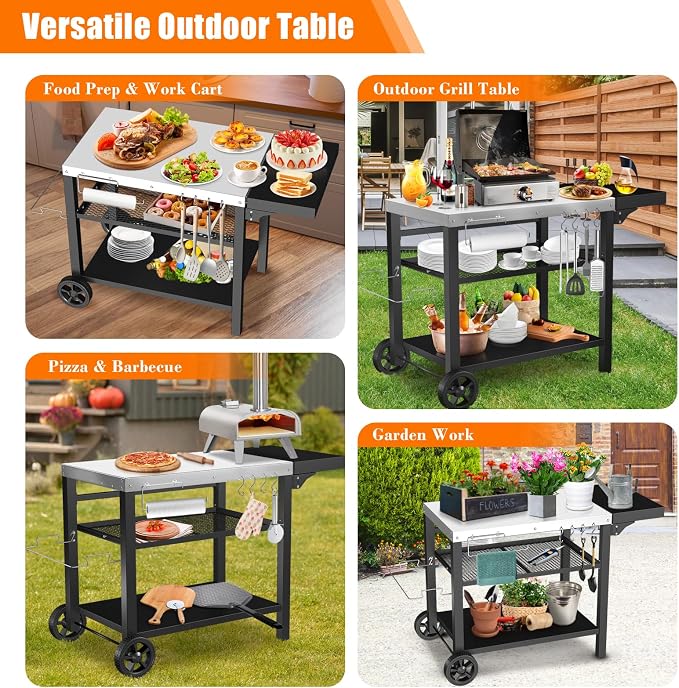 Grill Cart, Outdoor Grill Table, Pizza Oven Stand, Three-Shelf BBQ Table - Image 9