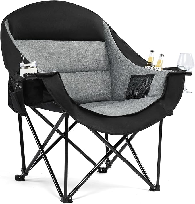 Camping Chair with Steel Frame, Cup Holder and Cooler Bag in Black