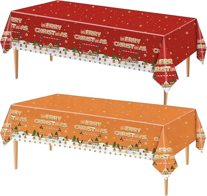Merry Christmas Party Table Cloth Decorations Red Orange Gingerbread Plastic by T-MogurHopeourpartydecorationsleavememoriesnotmess