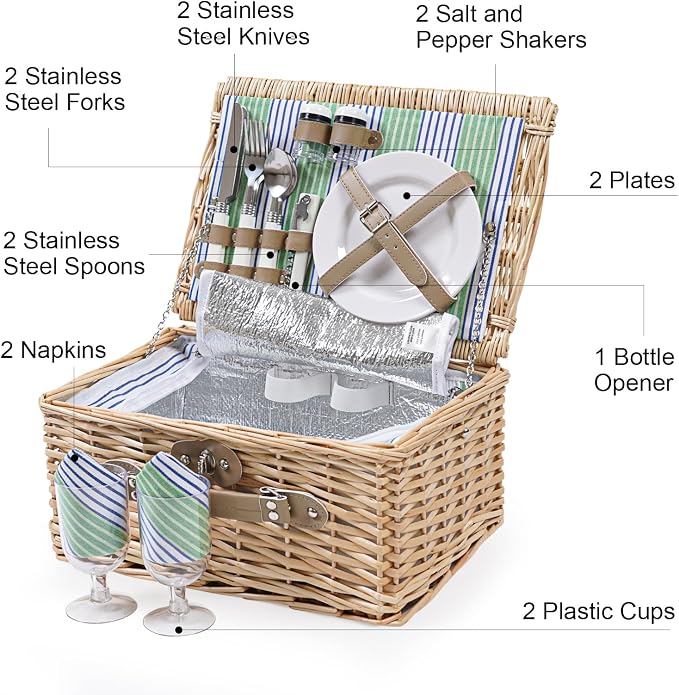 Wicker Picnic Basket for 2 Person, Willow Hamper Basket Sets - Image 6