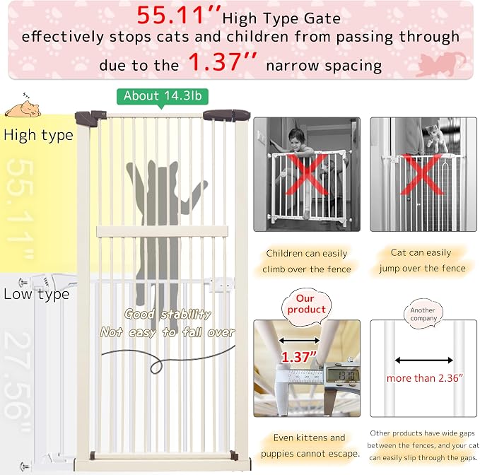 Lumizone Extra Tall Pet Gate 55.12" High Pressure Mounted 38.39"-42.51" Extra - Image 4