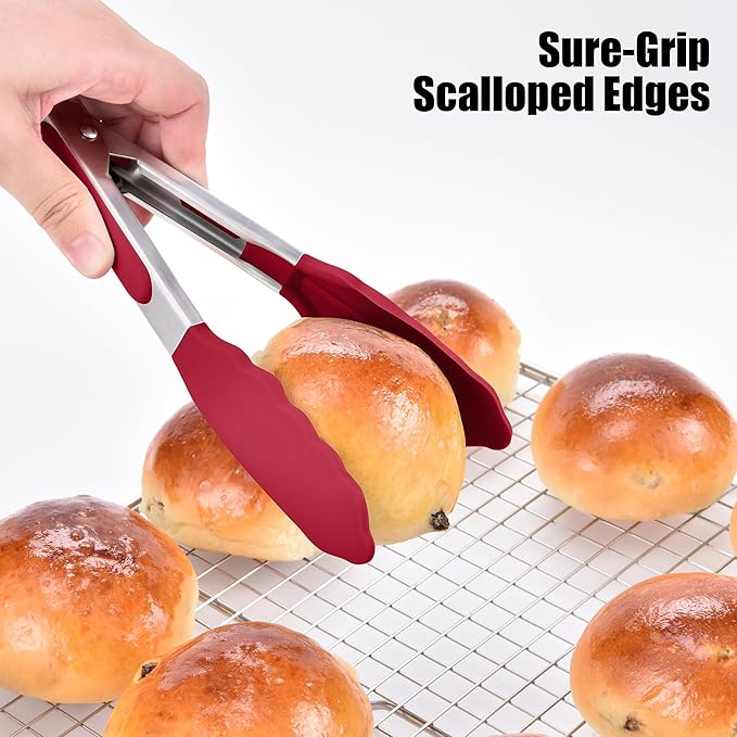 Tongs, 10.51-Inch Stainless Steel with 600°F Silicone Tips, Red