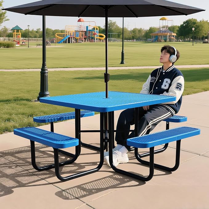 46" Square Picnic Table for Outside, Heavy Duty Metal Picnic Table Bench Set - Image 6