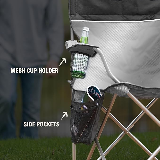 Grey Portable Camp Chair with 4-Can Arm Cooler and Carry Bag
