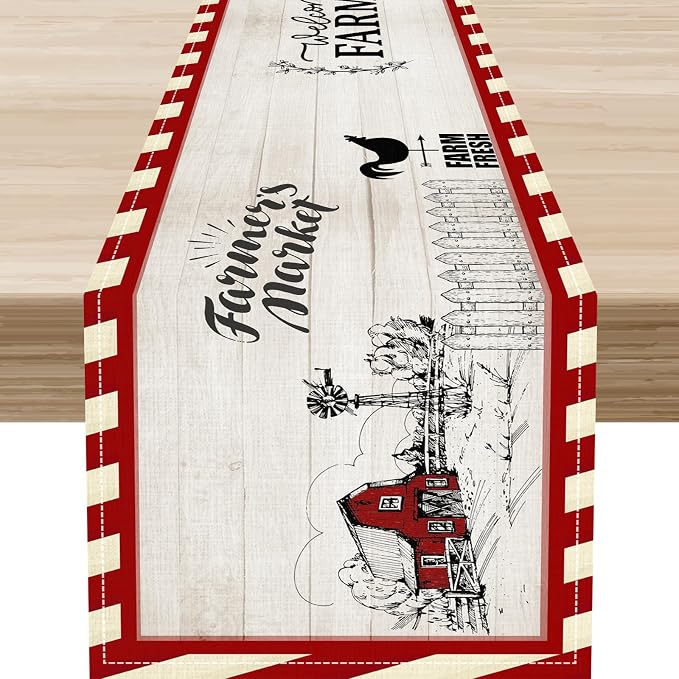 Farmhouse Table Runner, Rustic Country Barn Cottage Rooster Check Animal Plank by Unknown