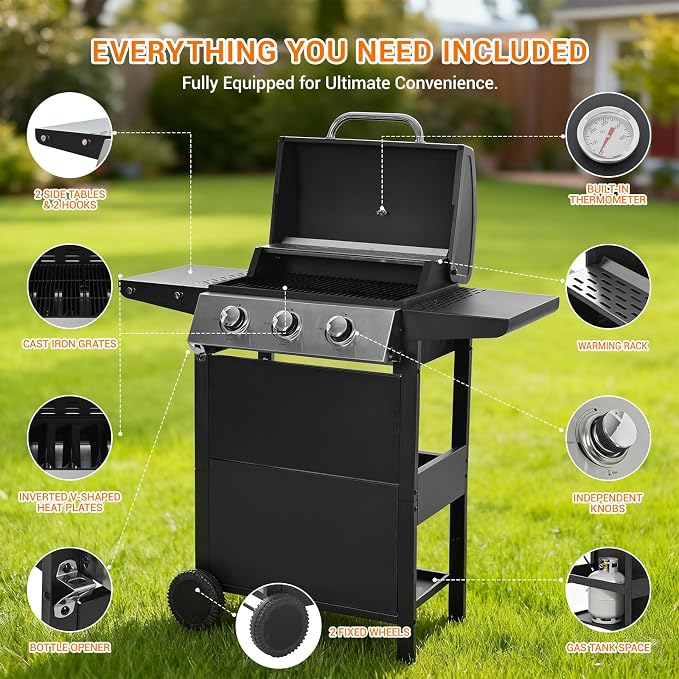 Stainless Steel 3-Burner Gas Grill, 25650 BTU Outdoor BBQ Grill - Image 6