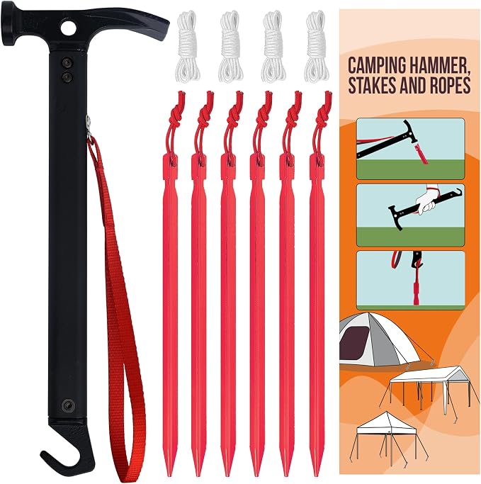 Eurmax USA Hiking Camping Tent Stakes and Hammer Set Lightweight Multi-Function by Eurmax