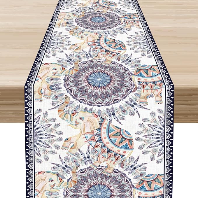 Boho Table Runner, Rustic Blue African Tribe Elephant Indian Diwali Damask by Unknown