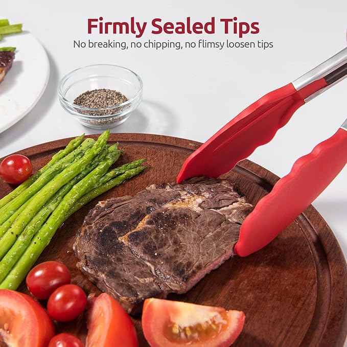 Tongs with Silicone Tips, 16-Inch Locking Design, Red