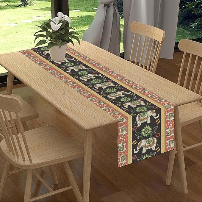 Boho Elephant Table Runner, Rustic African Tribe Indian Diwali Floral Ethnic - Image 2