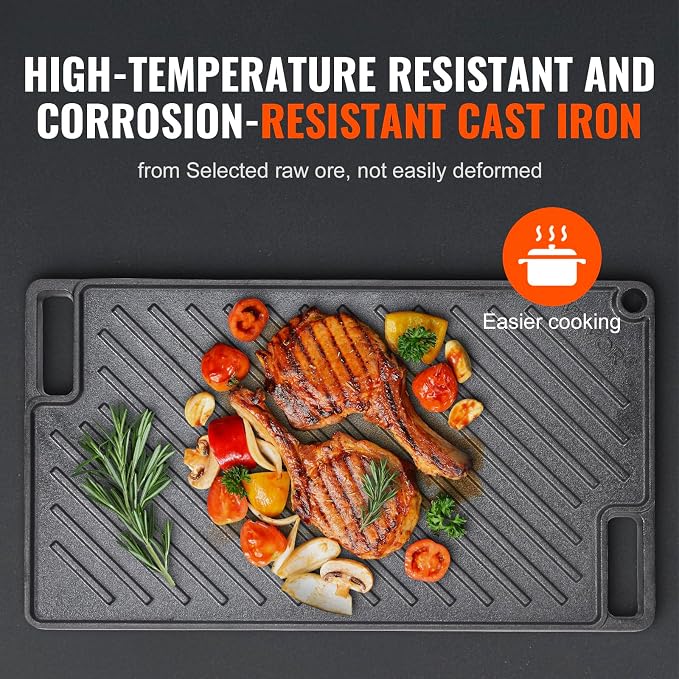 VEVOR Reversible Grill/Griddle, 17x10'' Pre-Seasoned Cast Iron Griddle - Image 3