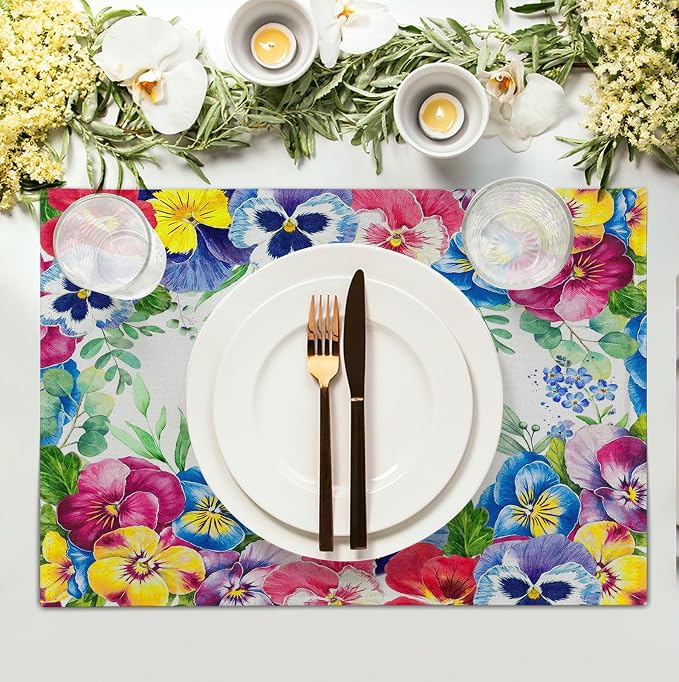 Watercolor Flowers Placemats Set of 4 Spring Summer Floral Butterfly Linen - Image 3
