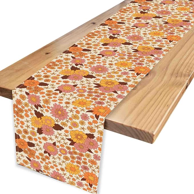 Groovy Floral Table Runner, Retro 70s Hippie Floral Funky Orange Floral Trippy - Image 4