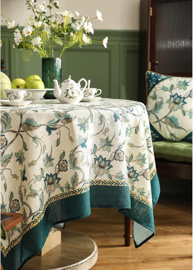 patdrea Designer Green Square Table Cloth, Vintage Floral Linen Durable - Image 9