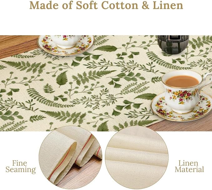 Green Leaves Table Runner, Spring Summer Herbs Botanical Natural Plants Print - Image 7