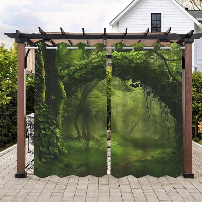Nature Theme Outdoor Curtains for Patio Waterproof, Forest Pattern, Privacy by Lirduipu
