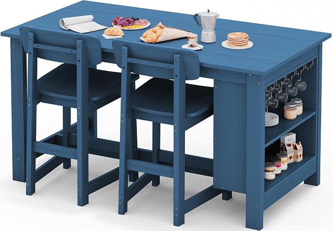 SERWALL Outdoor Bar Table and Chairs Set, 3-Piece HDPE Counter Height Patio by SERWALL