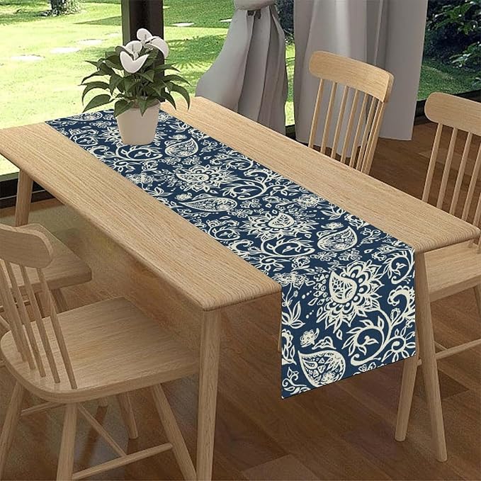 Blue Paisley Table Runner, Vintage Damask Antique Floral Flower Boho Damask - Image 2