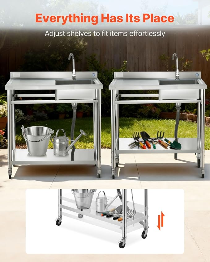 VEVOR Stainless Steel Utility Sink, Rolling Single Bowl Commercial Kitchen Sink - Image 6