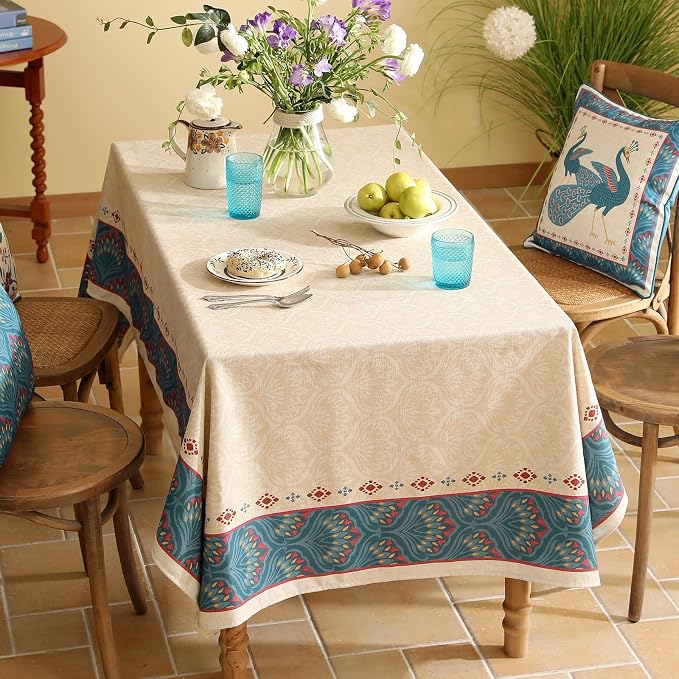 Vintage Beige Linen Rectangle Tablecloth, Paisley Farmhouse Feather Floral - Image 4