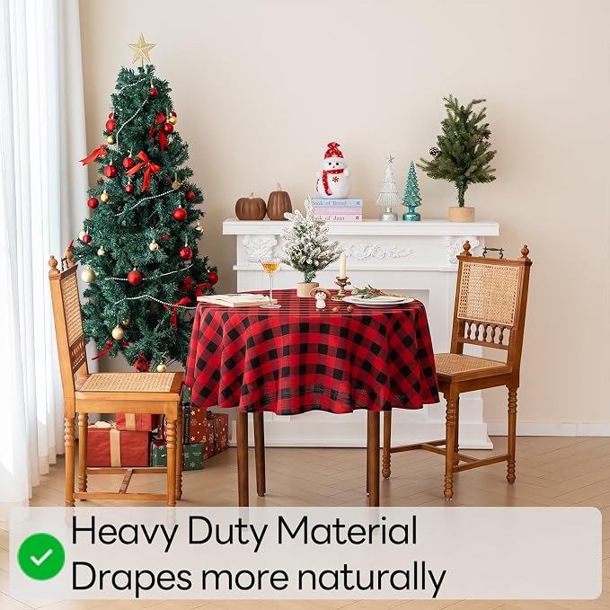 Christmas Gingham Tablecloth Heavy Duty Cotton Blend Red 60 inch Round - Image 4