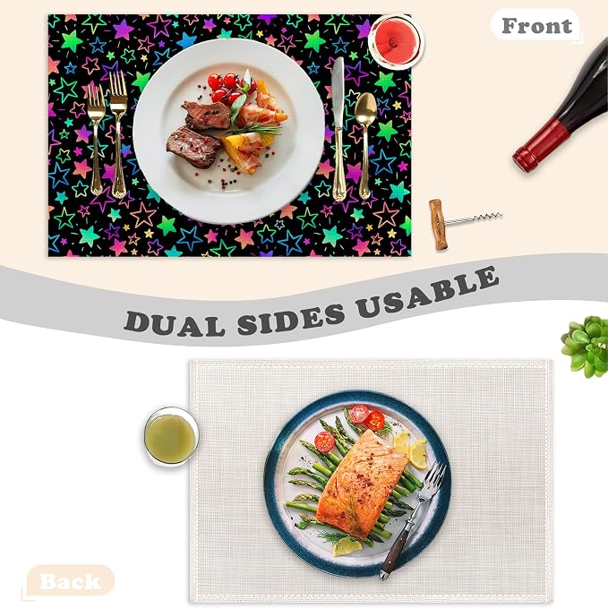 Neon Stars Placemats Set of 6 Linen Heat Resistant, Rainbow Glittering Table - Image 3
