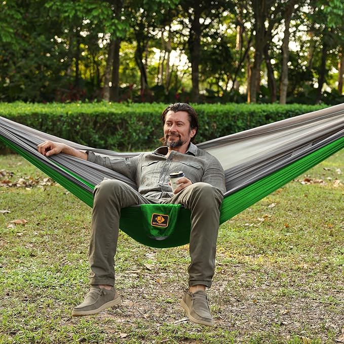 Double Nylon Hammock with Mosquito Net, Green and Grey