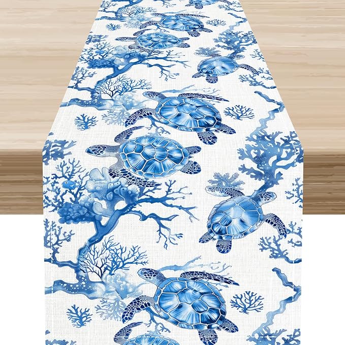 Sea Turtle Table Runner, Summer Coastal Nautical Coral Undersea Tropical Rustic by Unknown