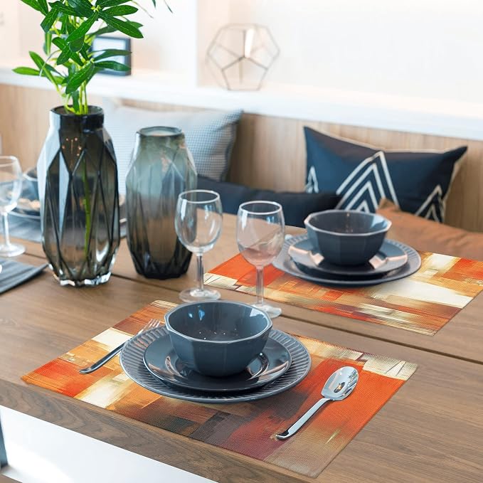 Modern Art Placemats Set of 4 Orange Abstract Painting Place Mats Washable - Image 4