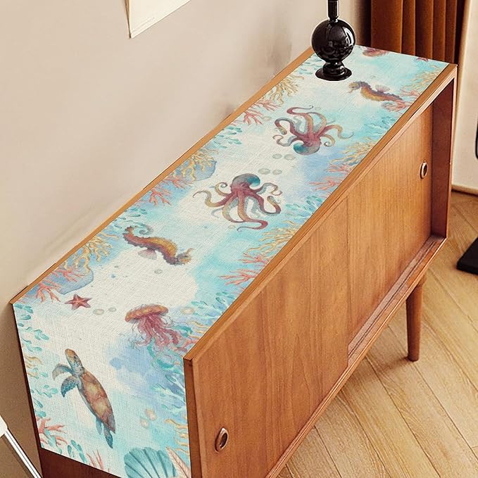 Blue Coastal Table Runner, Nautical Starfish Turtle Seashell Coral Shell Beach - Image 3