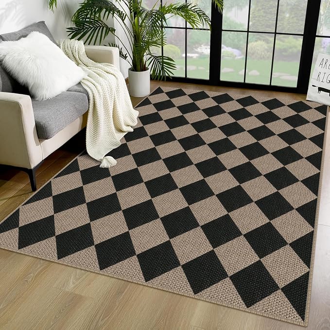 Easy Jute Checkered Area Rug, 4x6 Black Modern Washable Rugs - Image 7
