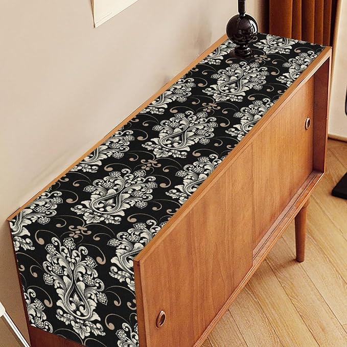 Goth Table Runner, Antique Gothic Damask Pattern Baroque Style Black Floral - Image 3