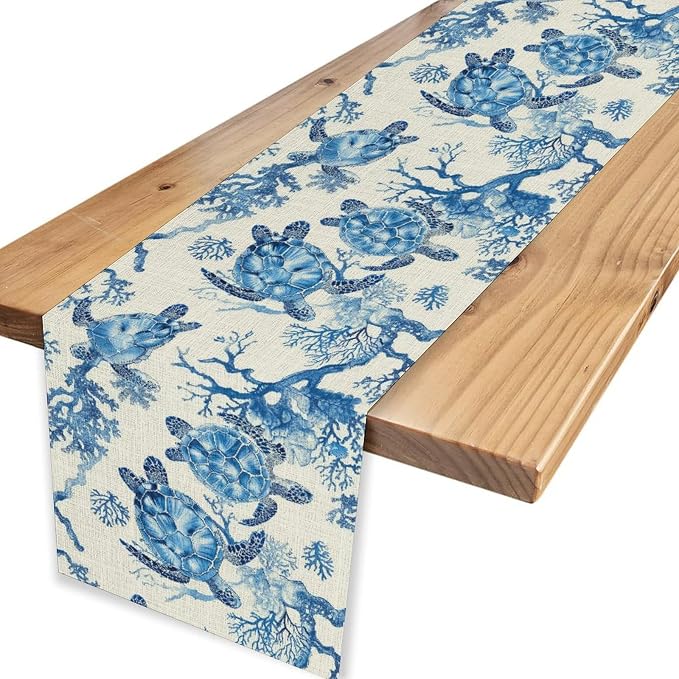 Sea Turtle Table Runner, Summer Coastal Nautical Coral Undersea Tropical Rustic - Image 4