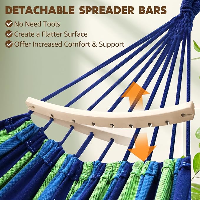Hammock with Pole, Cotton Camping Hammock in Blue Green Stripes