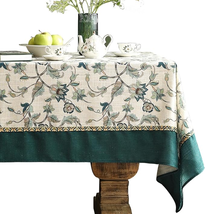 patdrea Designer Green Linen Extra Long Rectangle Tablecloth, Vintage Floral by Welcometopatdrea