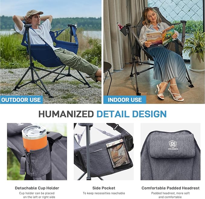 Camping Rocking Chair, Padded Oversized, 400 lb Capacity, Grey