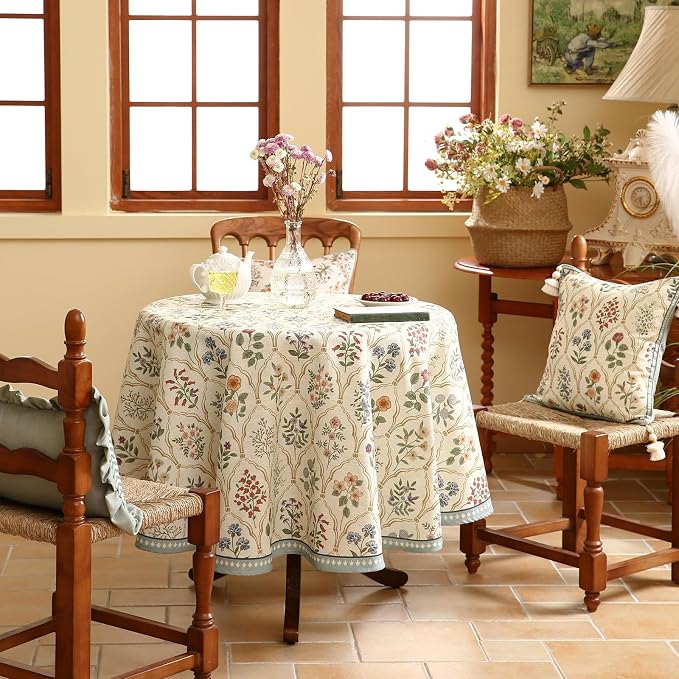 ISAENNE Designer Linen Round Tablecloth, Western Colorful Floral Indoor Table - Image 3