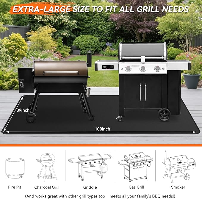 Grill Pad Floor Mat 100x39 Inch Fiberglass Fireproof Reusable