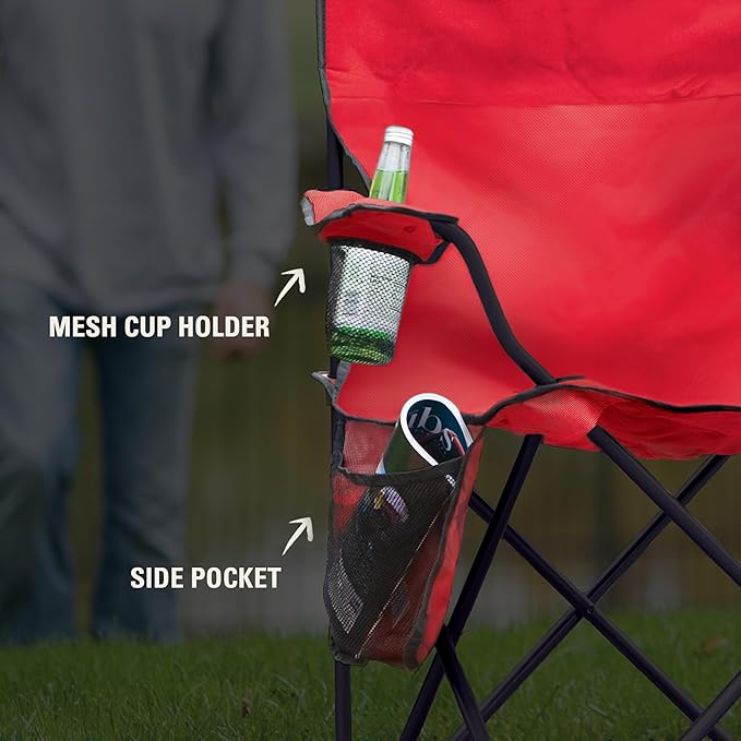 Folding Chair in Red with Armrest Cooler and 325 lb Steel Frame