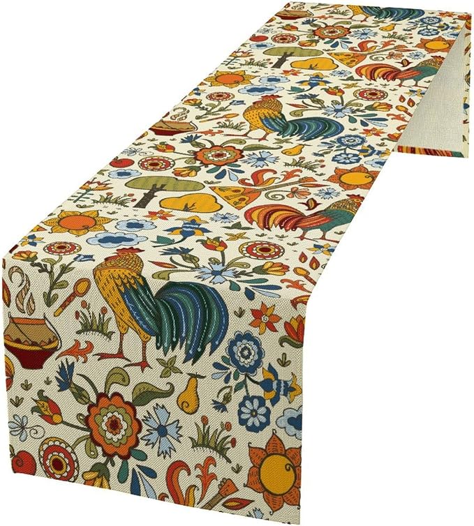 Farm Animal Table Runner, Boho Folk Style Country Rustic Farmhouse Rooster by JanJCurt
