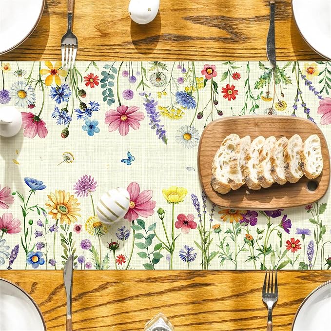 Daisy Tulip Lavender Floral Leaves Summer Table Runner, Spring Home Kitchen - Image 2