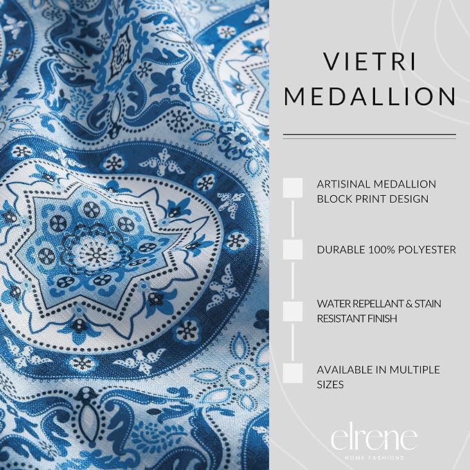 Elrene Home Fashions Vietri Medallion Blue Coastal Block Print Stain & Water - Image 4