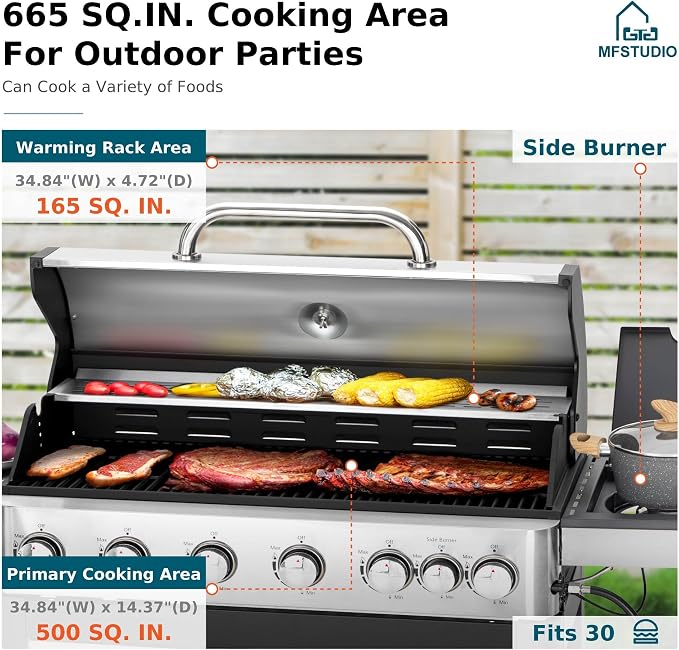 MFSTUDIO 6-Burner Propane Gas Grill, Stainless Steel BBQ Grill - Image 2