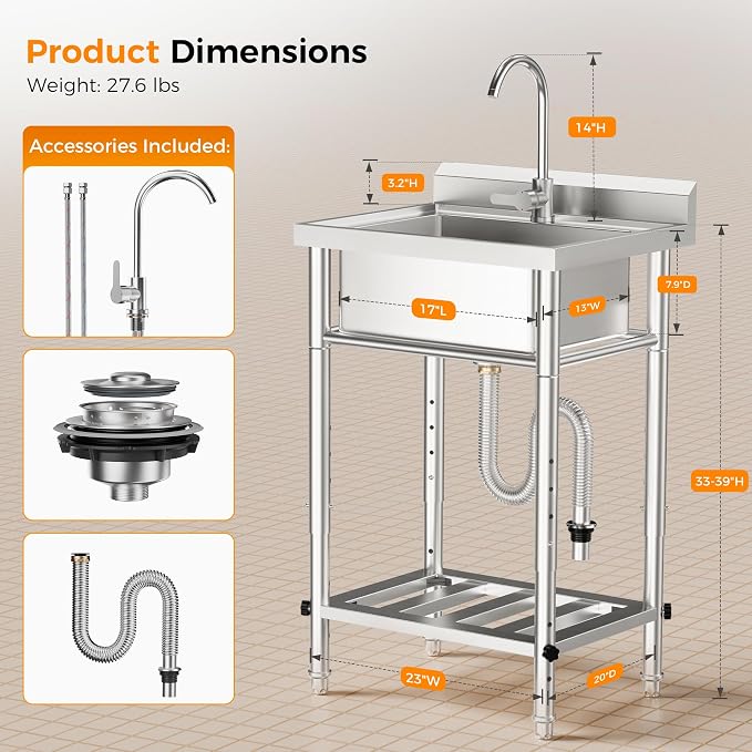 23"W Compact Utility Sink 18/8 Stainless Steel Portable Ergonomic Sinks - Image 5