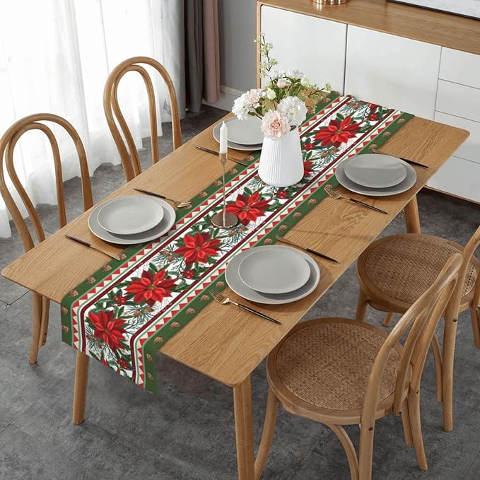 Christmas Flower Table Runner Burlap Kitchen Dining Linen Table Decoration - Image 7