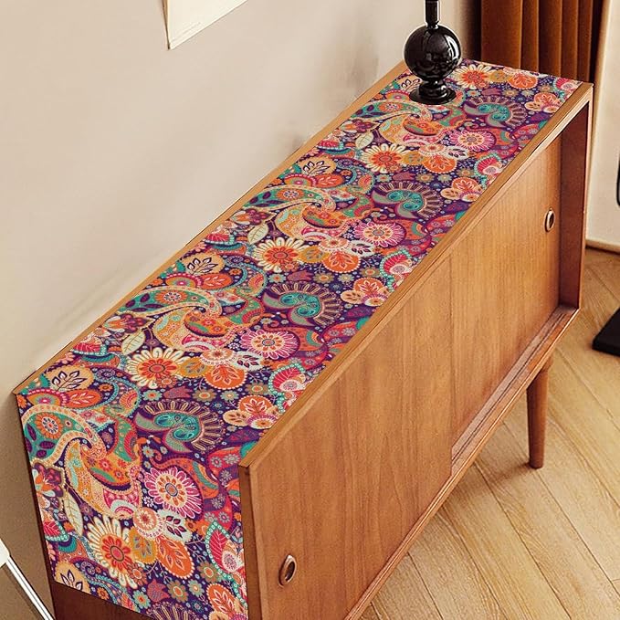 Purple Paisley Table Runner, Rustic Damask Antique Floral Flower Retro Boho - Image 3