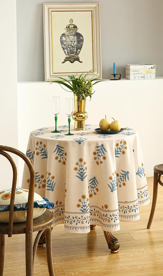 ISAENNE Designer French Pale Yellow Round Tablecloth, Linen Floral Table Cloth - Image 9